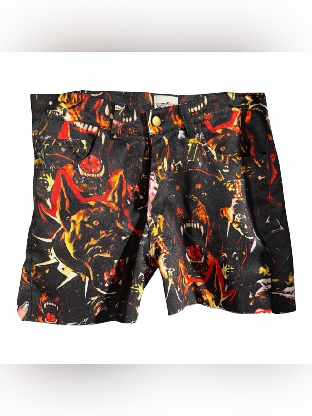 Psychosis Global Graphic Dog Print Cutoff Denim Shorts Size 30 × 32